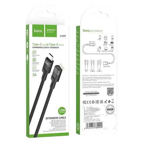 Rallonge Type-c mâle to Type-c Femelle HOCO U107 3A 1.2m pour charge et transfert de données