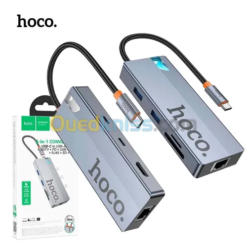 HUB 8 en 1 HOCO HB52 TYPE-C vers to HDMI 4K 60Hz + Rj45 + 2 * USB 3.0 + USB-C + PD 100W + TF / SD