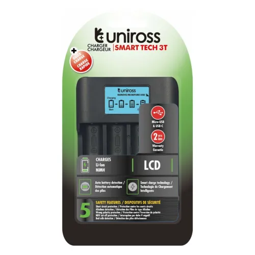 Chargeur de pile Rapide UNIROSS Smart Tech 3T LCD By USB-C et Micro-USB pour Ni-MH Li-ion UCX007