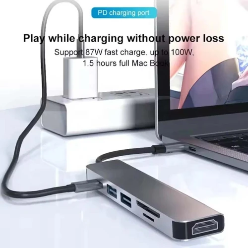 HUB Adaptateur 6 en 1 Type-c vers HDMI 4K + PD 87W USB-C + 2 x USB 3.0 + TF / SD