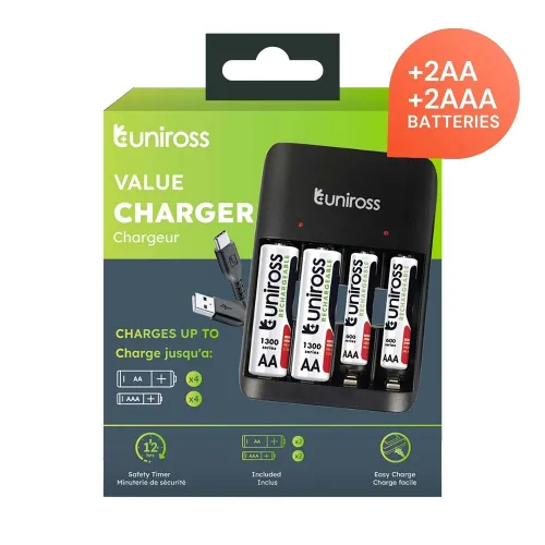 Chargeur de pile UNIROSS Value AAA / AA By USB-C + 2 x Pile AA 1300 + 2 x Pile AAA 600 - UCU010C