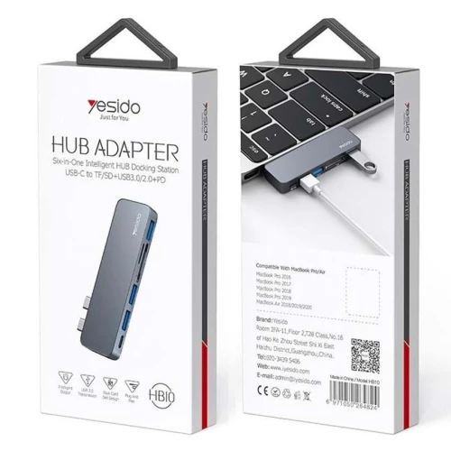 HUB Adaptateur 6 en 1 Double Type-c vers PD + 3 x USB 3.0 + Carte Micro SD / SD YESIDO HB10