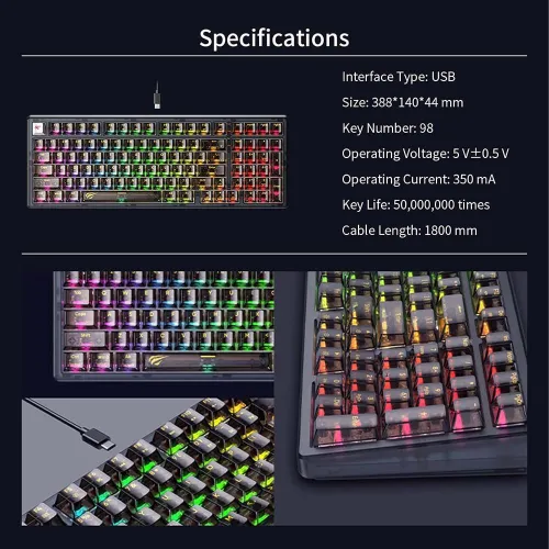 HAVIT KB875L Clavier Mécanique Gaming Type-c avec Rétroéclairage RGB