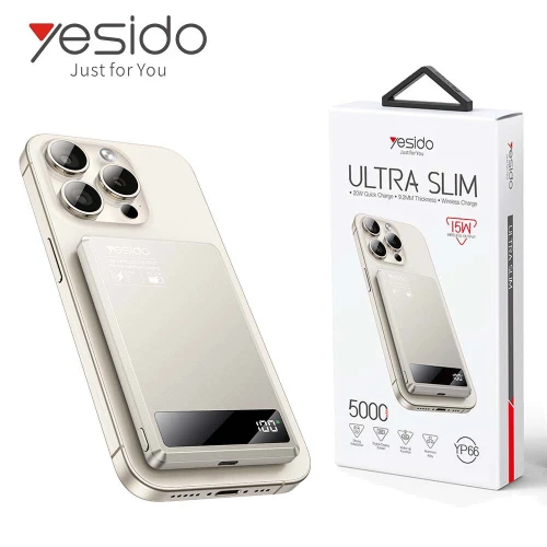 YESIDO YP66 Power Bank Ultra-Fin 5000mAh Charge Sans Fil 15W Magnétique