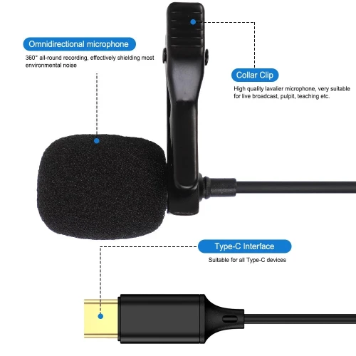 Microphone Cravate chemise Levalier enregistrement Micro audio filaire USB type-c 1.5m UN-203