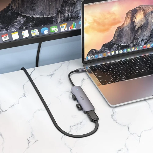 HOCO HB28 HUB Adaptateur 6 en 1 Type-c vers HDMI 4K + PD 60W USB-C + USB 3.0 + USB 2.0 + Carte Micro SD / SD