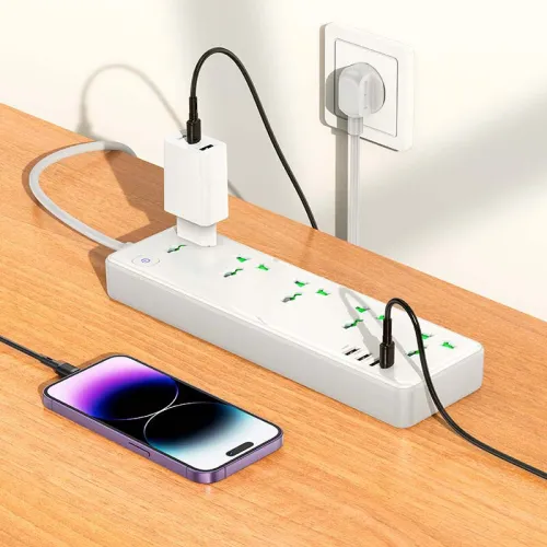 HOCO AC13A Multiprise rallonge universelle Chargeur 5 Prise 2500W + 3 USB QC3.0 + 1 Type-C PD 17W