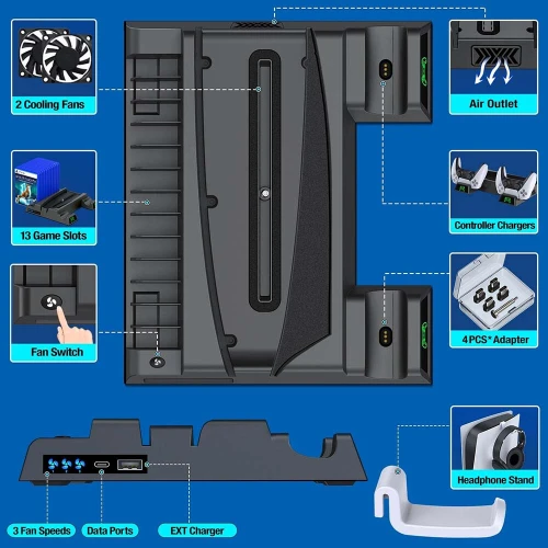 Support Docking Vertical Station de charge pour PS5 et manette avec ventilateur de refroidissement