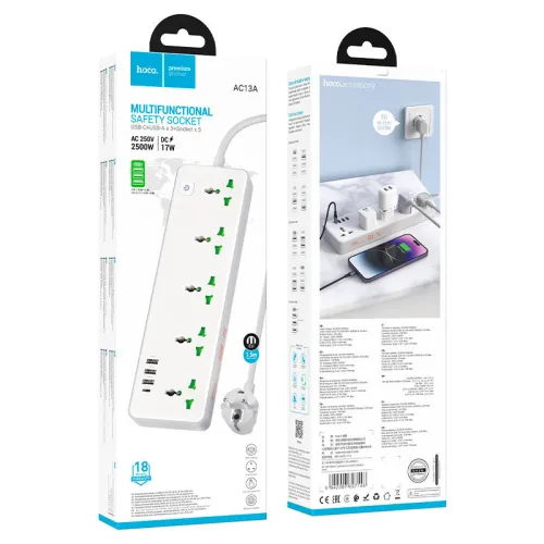 HOCO AC13A Multiprise rallonge universelle Chargeur 5 Prise 2500W + 3 USB QC3.0 + 1 Type-C PD 17W