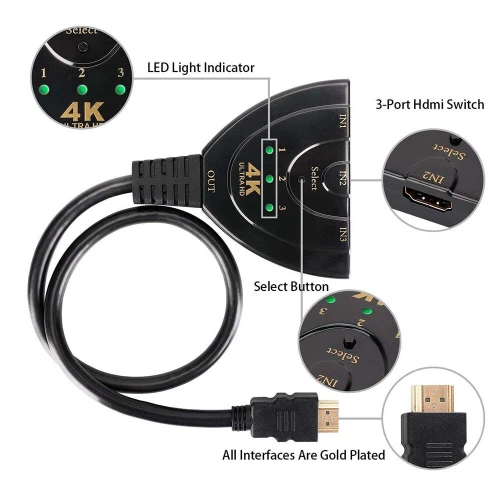 Switch HDMI Répartiteur 4K 3 Ports avec câble HDMI 3D Full HD 4K 30Hz