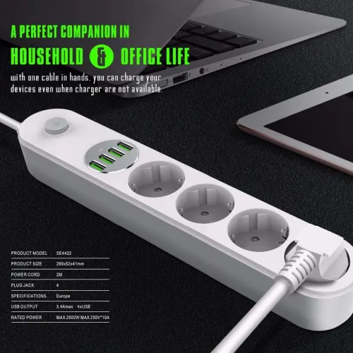 Multiprise Rallonge SIYOTEAM 4 Prise + 4 USB 5V 3.4A chargeur smartphone 2m SE4432 2500W