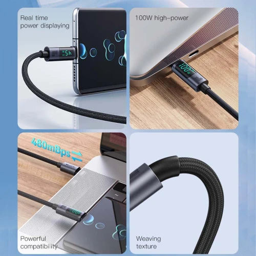 Câble de données et Charge tressé Type-c Vers Type-c 100W avec affichage Puissance YESIDO CA158 1.2m