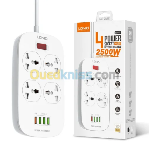 Multiprise Rallonge universelle LDNIO SC4407 4 Prise + 4 USB 5V 3.1A 2500W 2m