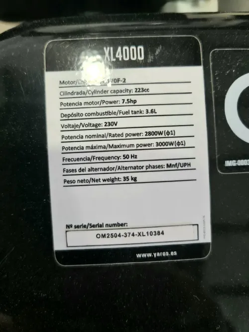 Groupe Electrogène original essence 230V 3KVA 7.5Hp - YAROS XL4000 (Spain)
