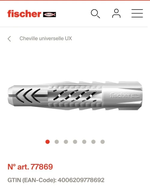 Cheville nylon original tous matériaux 8/10mm - FISCHER UX 8x50 R / UX 10x60 R (Germany)