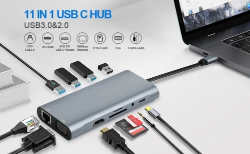 ADAPTATEUR TYPE C TO 3USB +VGA+HDMI+TF+AUDIO+ REEN GIGA 11IN1 /REF: 5168  