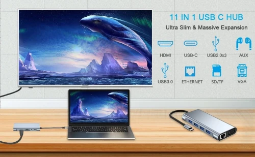 ADAPTATEUR TYPE C TO 3USB +VGA+HDMI+TF+AUDIO+ REEN GIGA 11IN1 /REF: 5168  