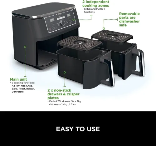 AIR FRYER NINJA DUAL ZONE 9.5L (4.25+4.25) DOUBLE BAC VENTILÉ 2470W / CASH ET FACILITÉ