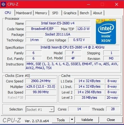 Intel Xeon E5-2680 v4  (14 cœurs / 28 threads)
