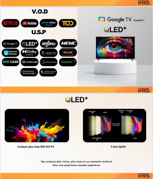 IRIS 60" QLED+ Q7020 GOOGLE TV 4K 120 HZ UHD SMART ANDROID 14 60 pouces