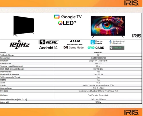 IRIS 60" QLED+ Q7020 GOOGLE TV 4K 120 HZ UHD SMART ANDROID 14 60 pouces
