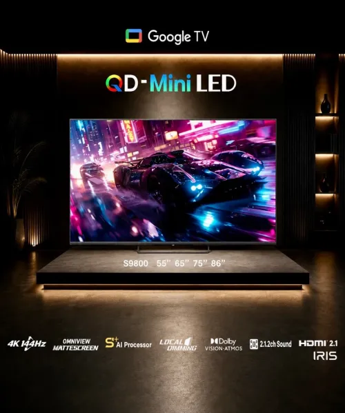 TV IRIS 75" QD MINI LED S9800 GOOGLE TV 144 hz OMNIVIEW MEMC VRR ALLM 4k UHD ANDROID 14 + BARRE DE SON INTEGRÉE