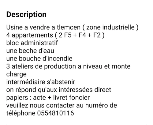 Vente Usine Tlemcen Chetouane