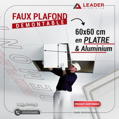 Faux plafond démontable 60x60 en plâtre et en aluminium.