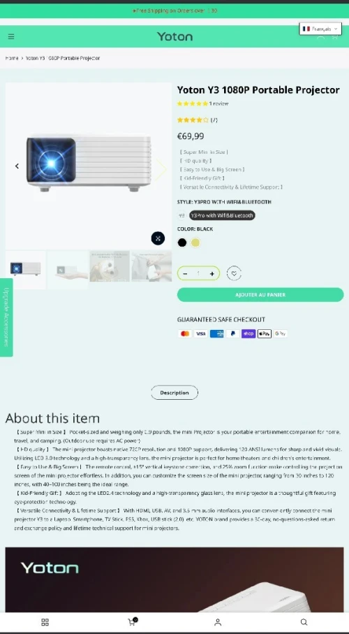 Data show Vidéoprojecteur Yoton Y3 WIFI 120 Ansi Lumens ضمان 30 يوم