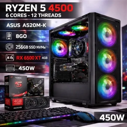 CONFIG UNITE RYZEN 5 4500 6 CORE-12THREADS / CARTE MERE ASUS A520M-K / 8GO / 256GB SSD NVME / RX6500XT 4GB / BOITIER ADR 5043 / ALIMENTATION 450W