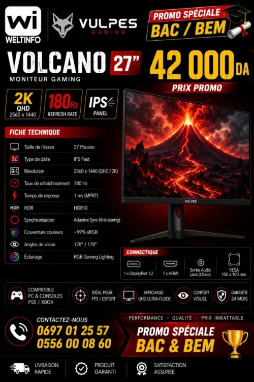 MONITEUR GAMING VULPES VOLCANO 27 pouces 180Hz 2K QHD IPS NOIR