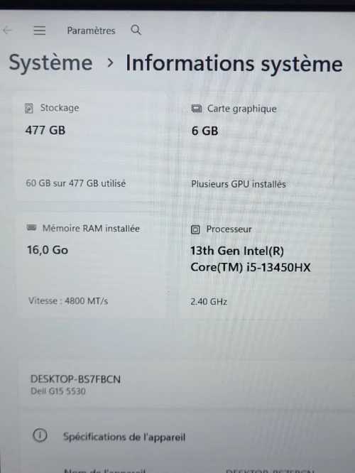 GAMING DELL G15 5530 120Hz | 13EME CORE i5-13450HX | NVIDIA RTX 3050 6GB | 16GB RAM | 512GB NVME