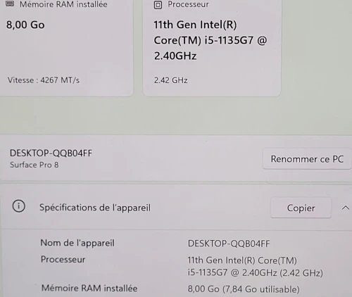 MICROSOFT SURFACE Pro 8 TACTILE - INTEL 11EME GEN i5-1135U - 8GB RAM - 512GB SSD - QHD 2880 x 1920