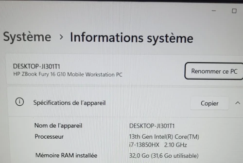 HP ZBook Fury G10 | CORE i7-13850HX | NVIDIA RTX A1000 6GB | 32GB RAM | 1To NVMe SSD | MOBILE WORKSTATION