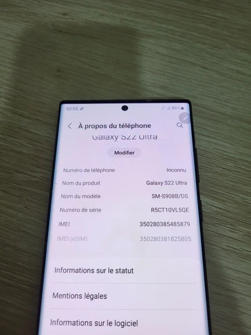SAMSUNG GALAXY S22 Ultra 128GB 5G ( le telephone déverrouillé avec unlock bootloader d'ou le prix bas )