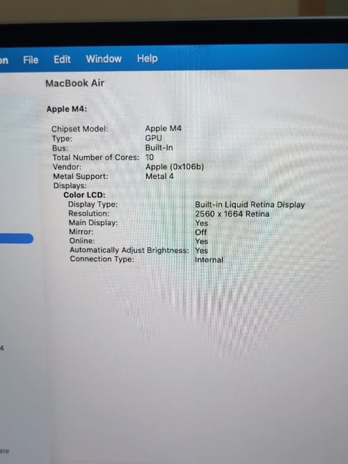 MacBook Air M4 2024 Argent | PUCE M4 8 CORE | GPU 10 CORE | 16GB RAM | 512GB SSD | CYCLES 95 | CAPACITÉ BATTERIE 100%