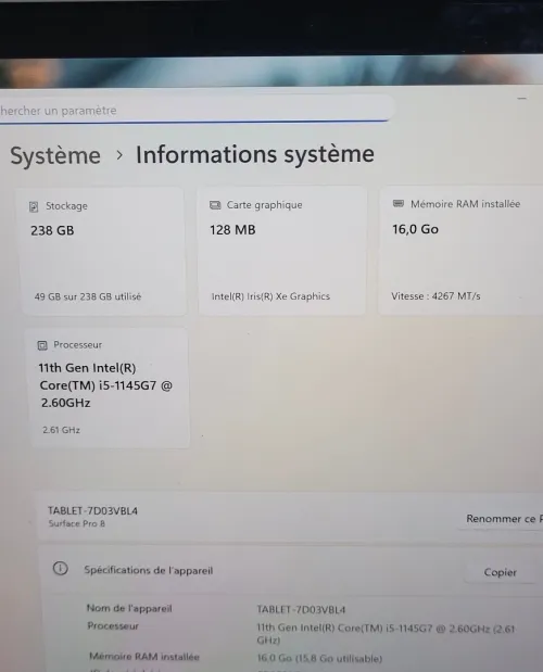 MICROSOFT SURFACE Pro 8 TACTILE - INTEL 11EME GEN i5-1145G7 - 16GB RAM - 256GB SSD - QHD 2880 x 1920