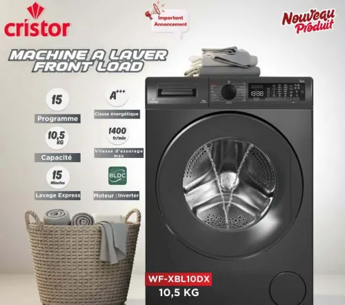PROMO Machine à laver Cristor automatique 10,5kg Gris 1400Tr/mn 15 programme 54000Da
