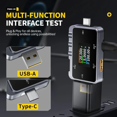 Testeur USB Type-C Voltmètre & Ampèremètre Numérique 2en1 FNIRSI FNAC 28 