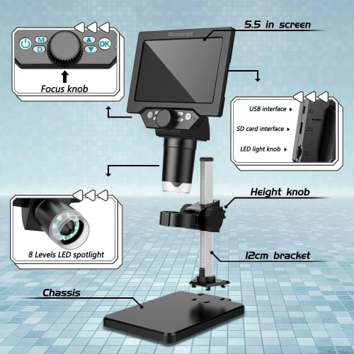 Microscope numérique G1000 1-1000X LCD 5.5 pouces HD Portable 8 LED 10MP arduino 