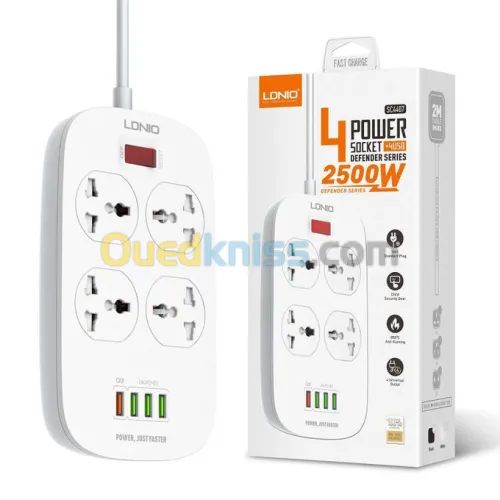 Multiprise LDNIO SC4407 4 Prises + 4 Usb 18W Qc3.0 Cable 2 Métre 2500W