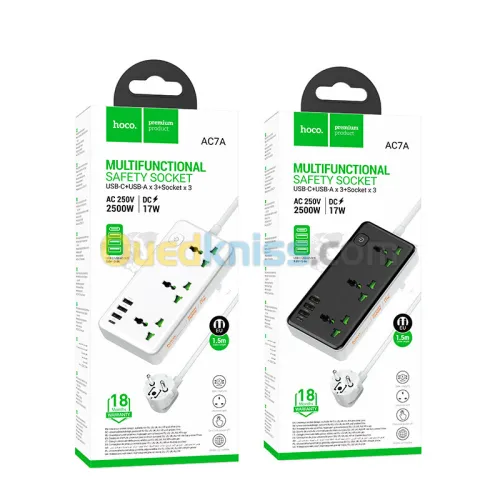 Multiprise HOCO AC7A - 3USB-A + 1USB-C + 3 Prise Universelle - Cable 1,5 Métre