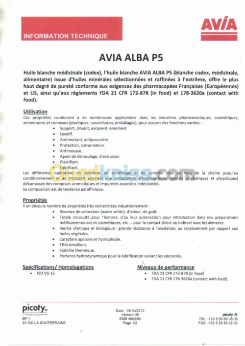AVIA ALBA P5 - Huile blanche médicinale / alimentaire