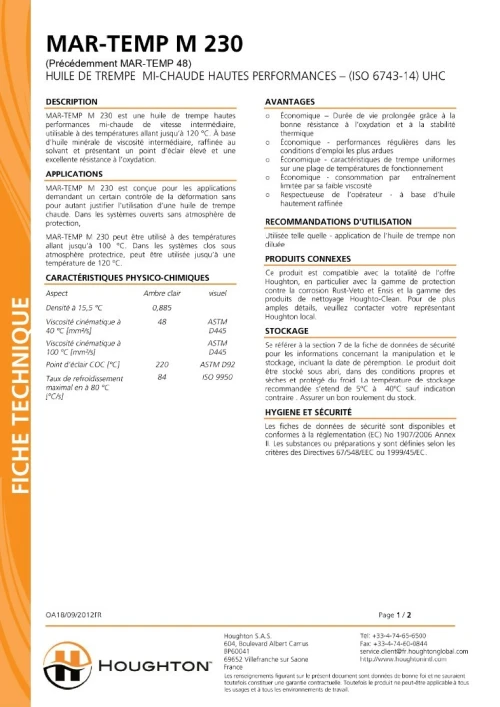 HOUGHTON MAR-TEMP M 230 - HUILE DE TREMPE 