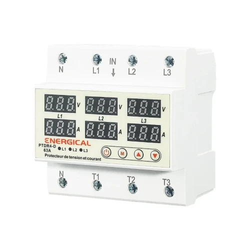 Protecteur de tension et courant réglable triphasé domestique ENERGICAL PTDR4-D 63A
