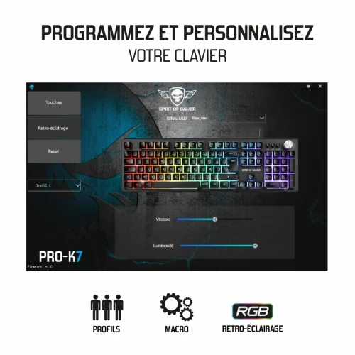 Clavier Gamer Semi-Mécanique Multimédia Anti-Ghosting Rétro-Éclairage RGB PRO-K7 SPIRIT OF GAMER