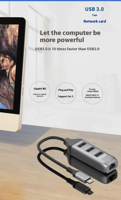 Adaptateur USB Type-C 4 en 1 Port RJ45 Réseau Ethernet Gigabit & Hub 3x USB 3.0 OTN-95118R ONTEN