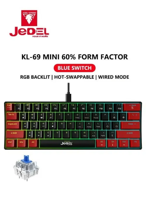 Clavier Gaming USB Filaire Mécanique à 60 % - 61 Touches Anti-Ghosting - KL-69 JEDEL