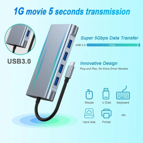 Adaptateur HUB USB Type-C vers RJ45 Gigabit & HDMI 4K & VGA & USB 3.0 11 en 1