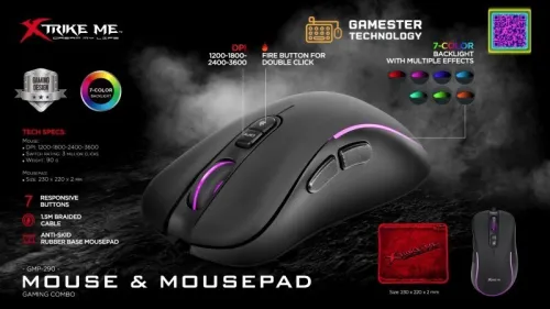 Pack 2 en 1: Souris Gaming Optique Filaire USB & Tapis de Souris Antidérapante GMP-290 XTRIKE ME